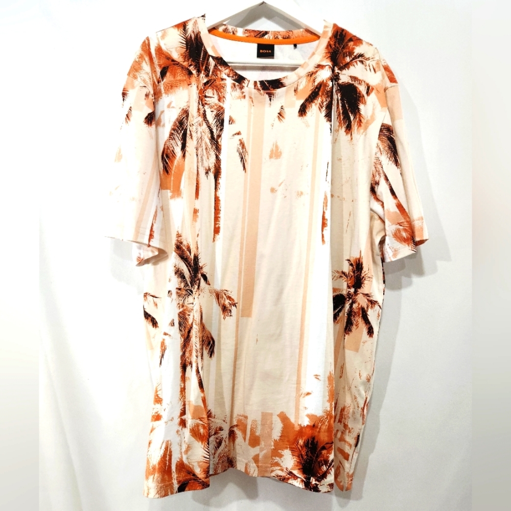 Vibrant BOSS Burnt Orange White Palm Tree Beach Landscape 100% Cotton TShirt XXL